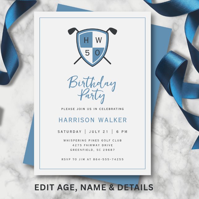 Convite Golf Modern 50th Adult Birthday Party Stylish Blue (Modern golf crest design with personalized initials and age.)