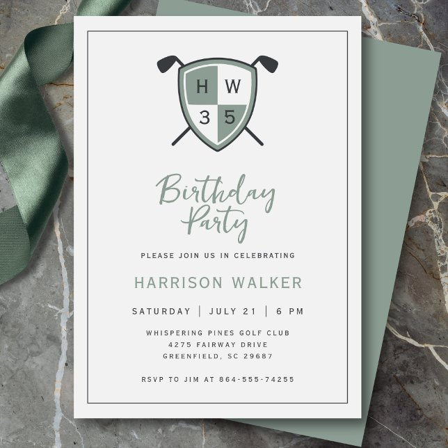 Convite Golf Modern Any Age Birthday Party Stylish Green (Modern golf crest design with personalized initials and age.)