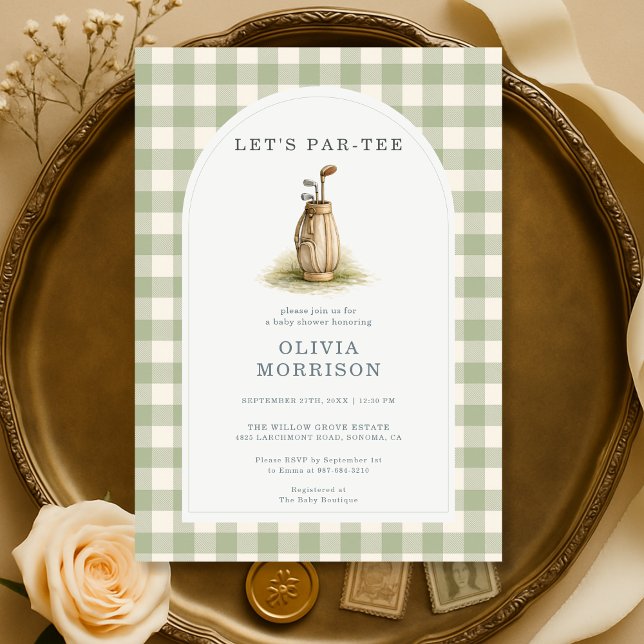 Convite Golf Par-Tee Sage Green Gingham Baby Shower (Criador carregado)