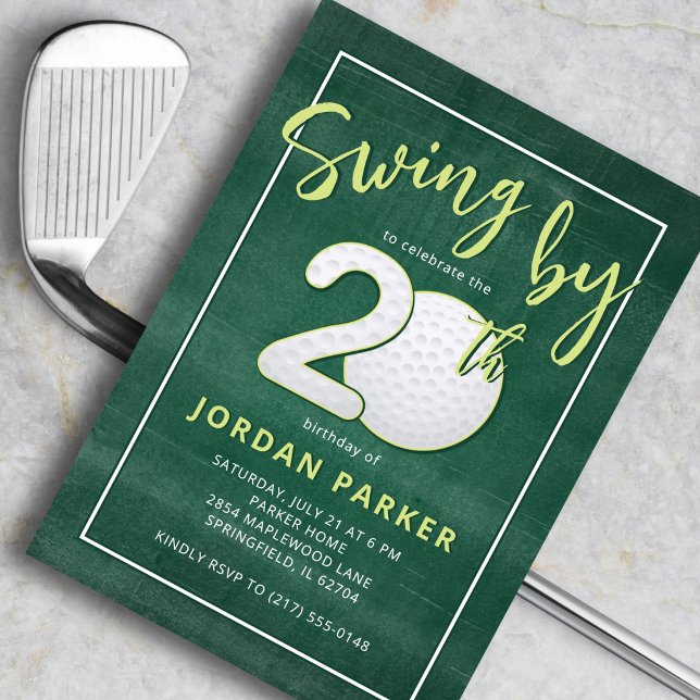 Convite Golf Theme Swing By 20th Birthday Stylish Green (Criador carregado)