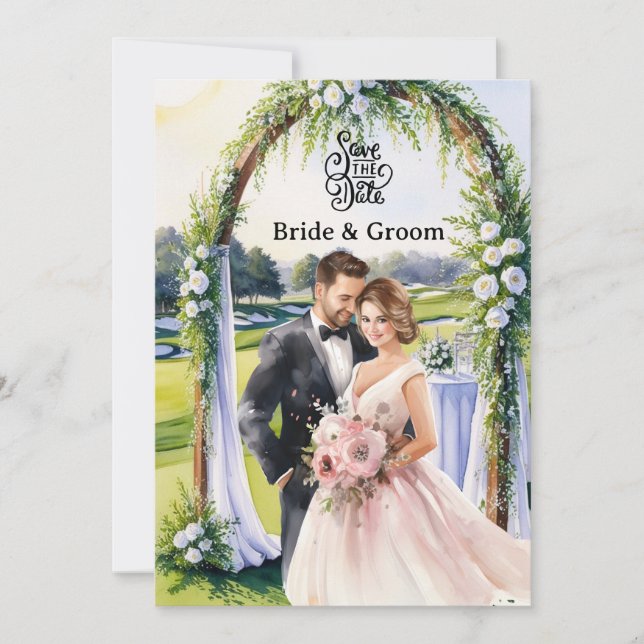 Convite Golf Wedding Invitation card with bride and groom (Frente)