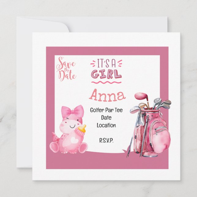Convite Golfe é tema rosa chá de fraldas para jogadora de  (Frente)