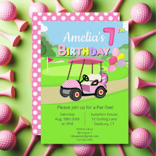 Convite Golfe-Garota-Rosa-Rosa-Bolinhas-de-Aniversário-Bon