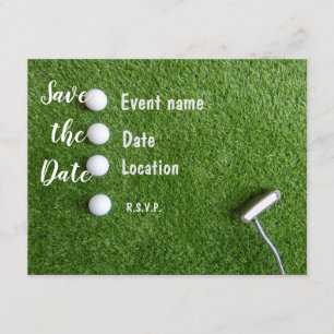 Convite Golfe Salve a data com bolas de golfe no grama ver