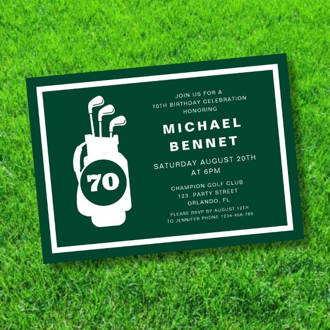 Convite Golfe Verde Moderno Aniversário de 70 anos (Modern Green Golf 70th Birthday Invitation)
