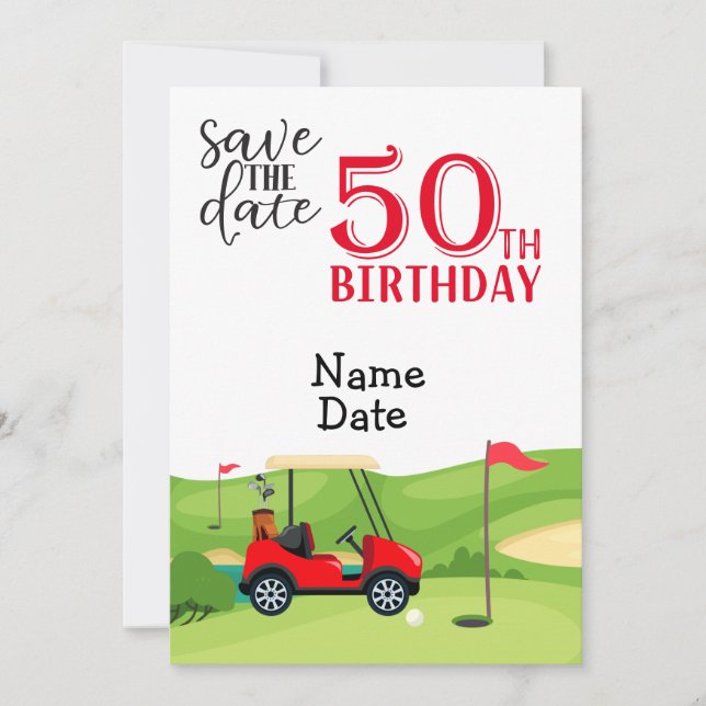 Convite Golfer 50º aniversário com carrinho de golfe Salve (Frente)
