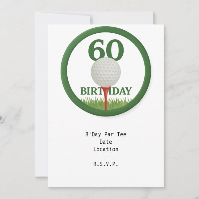 Convite Golfer 60º Aniversário com bola de golfe no tee (Frente)