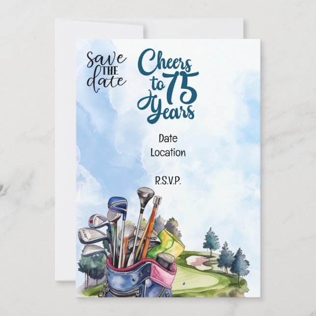 Convite Golfer 75º Aniversário com saco de golfe Salve a d (Frente)