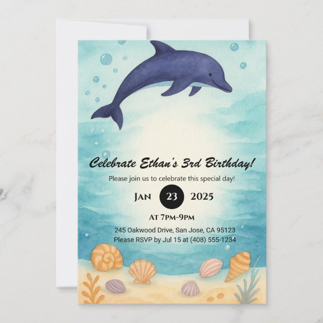 Convite Golfinho Azul Profundo & Concha Oceânica Aniversár (Frente)