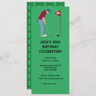 Convite Golfista Verde Colocando Bola De Golfe Pensada