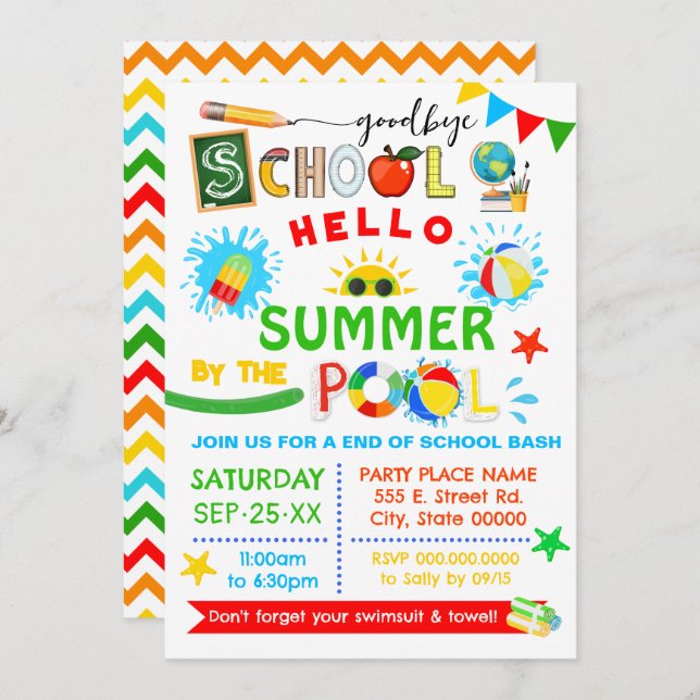 Convite Goodbye School Hello Summer Piscina Bash (Frente/Verso)