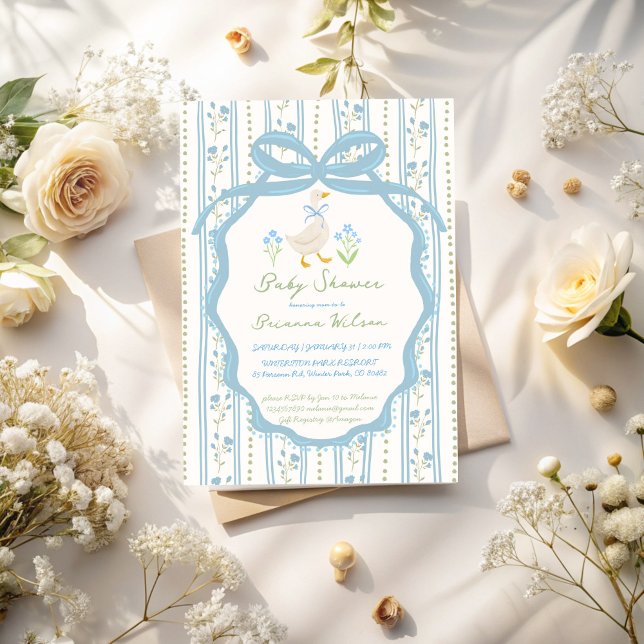 Convite Goose nursery rhymes baby shower (Goose nursery rhymes baby shower invitation card template dusty blue vintage preppy boys baby shower)