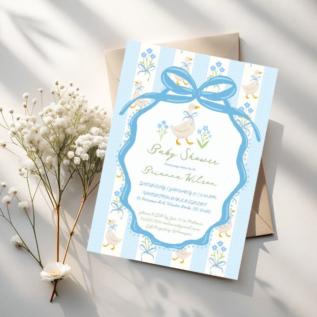 Convite Goose nursery rhymes baby shower (Silly Goose nursery rhymes pastel blue ribbon preppy baby shower invitation cards template)