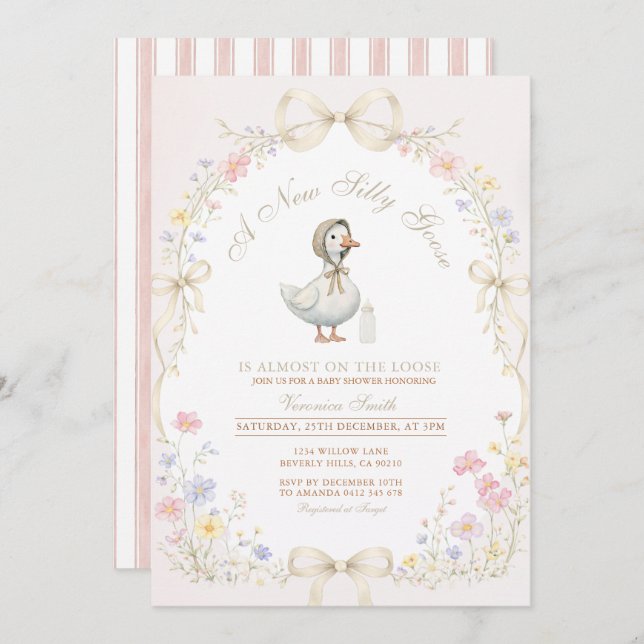 Convite Goose Wildflower Pink Ivory Baby Shower (Frente/Verso)