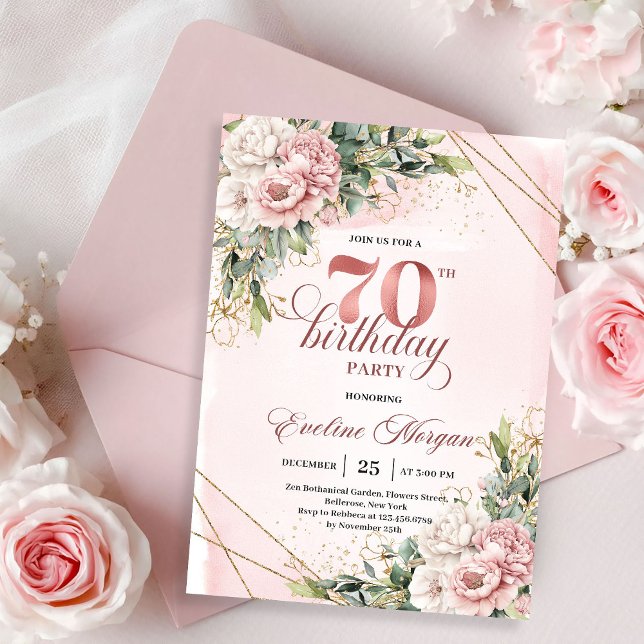 Convite Gorgeous Blush Pink Watercolor Flowers 70 Birthday (Gorgeous Blush Pink Watercolor Flowers 70th Birthday Invitation)