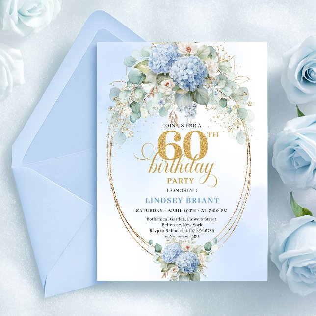 Convite Gorgeous Boho Dusty Blue Floral Gold 60th Birthday (Gorgeous Boho Dusty Blue Floral Gold 60th Birthday)