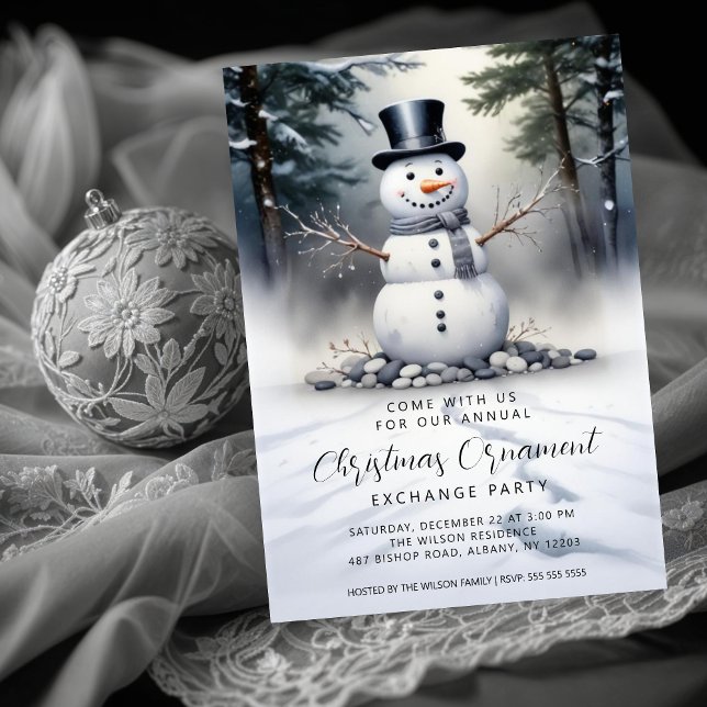 Convite Gorgeous Snowman Frosted Forest Ornament Exchange (Cute Gorgeous Snowman Frosted Landscape Forest Christmas Holidays Ornament Exchange Party Invitation)