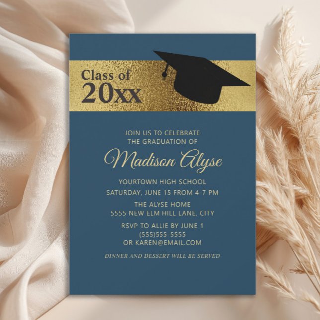 Convite Gorra Personalizada Azul Marinho Dourado Preto Gra (Navy blue and gold graduation cap party invitation)