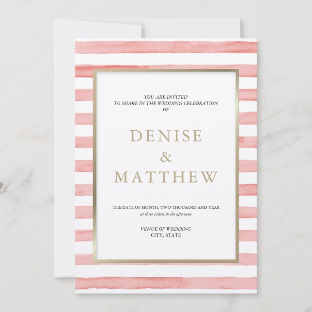 Convite Gossamer Pink Watercolor Stripes & Dourado Letteri (Frente)