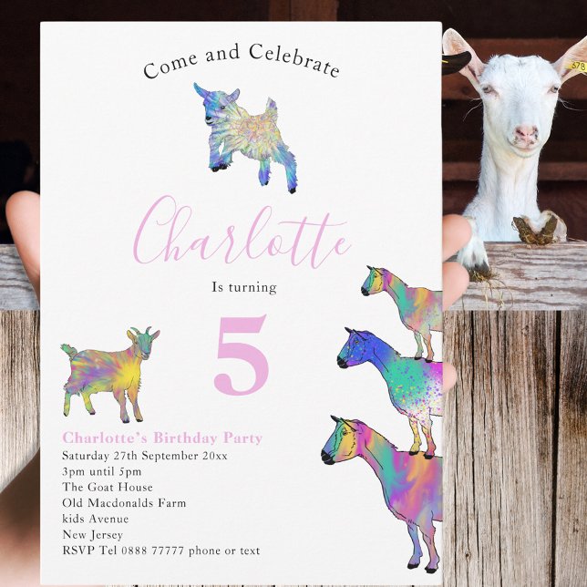 Convite Gosta de cor d'água, cor-de-rosa (Cute goats colorful farm animal watercolor art 5th birthday party invitation )