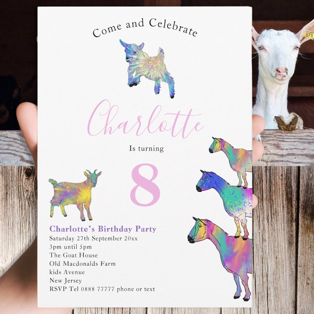 Convite Gosta de cor d'água, cor-de-rosa (Cute goat 8th birthday party  invitation colorful watercolor farm animals )