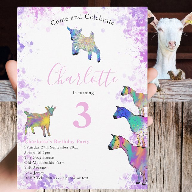 Convite Gosta de cor d'água, cor-de-rosa (Cute goats colorful farm animal watercolor art 3rd birthday party invitation)