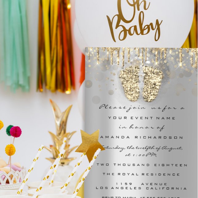 Convite Gota Chá de fraldas Brilhante Pés Dourado Garota C (Drips Glitter Baby Shower Feet Gold Gray Girl Boy Invitation)