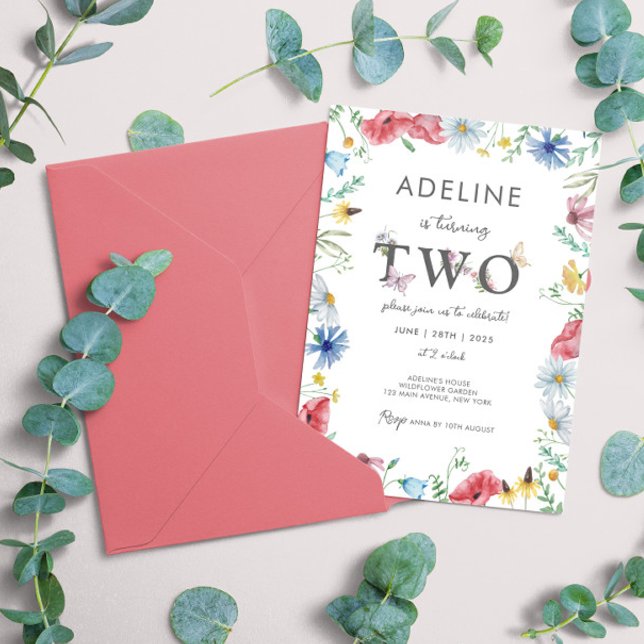 Convite Gota de Flor segundo aniversário de Borboleta Flor (2nd Birthday invitation girl second birthday wildflower spring garden cute template instant download)