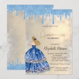 Convite Gotas de Brilho Azul Claro, Garota de Vestido Dour