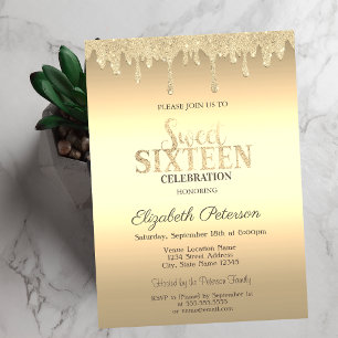 Convite Gotas de Brilho Dourado Sweet 16