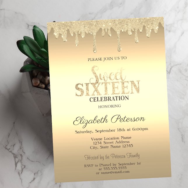 Convite Gotas de Brilho Dourado Sweet 16 (Criador carregado)