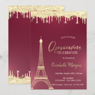 Convite Gotas de Brilho Dourado Torre Eiffel Quinceanera V