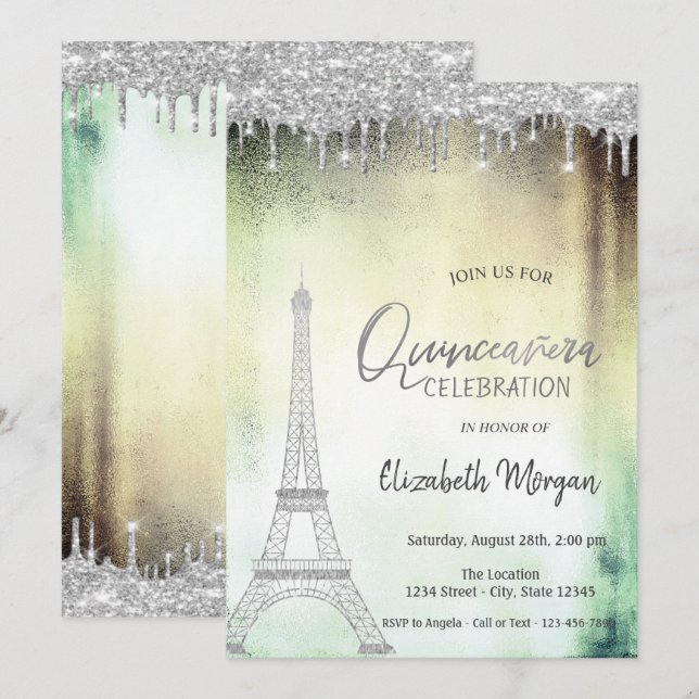 Convite Gotas de Brilho, Eiffel Tower Verde Quinceanera  (Frente/Verso)
