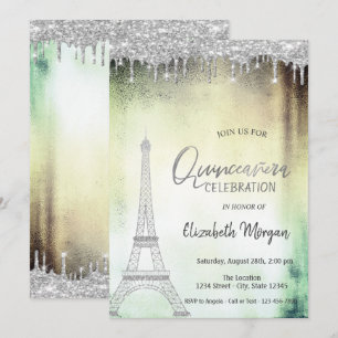 Convite Gotas de Brilho, Eiffel Tower Verde Quinceanera 