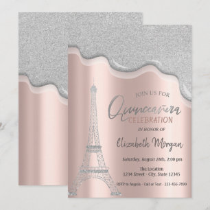 Convite Gotas de Brilho Legais,Torre Eiffel Quinceañera