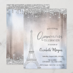 Convite Gotas de Brilho Prateado Torre Eiffel Quinceanera