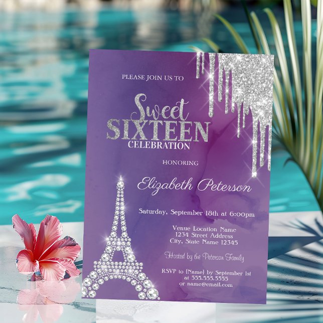 Convite Gotas de Brilho Prateado Torre Eiffel Violeta Swee (Criador carregado)