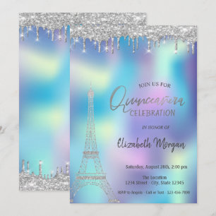Convite Gotas de Brilho Torre Eiffel Quinceanera Holográfi