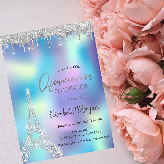 Convite Gotas de Brilho Torre Eiffel Quinceanera Holográfi (Criador carregado)
