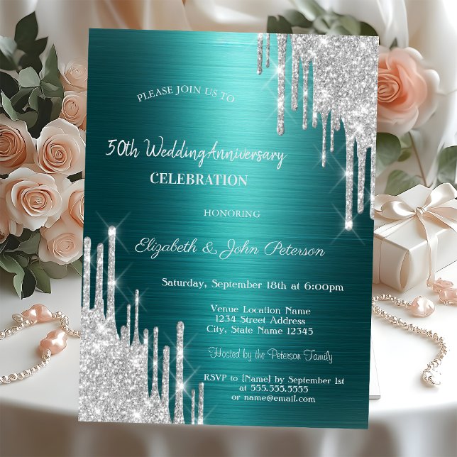 Convite Gotas de Brilho Verde Aniversário de Casamento (Criador carregado)