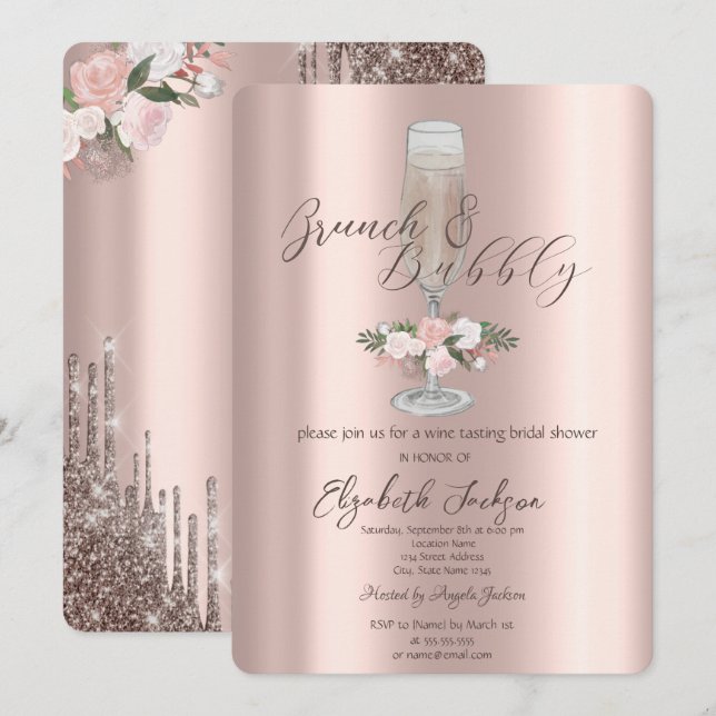 Convite Gotas de chip,Vidro,Brunch de Rosa e Borracha (Frente/Verso)