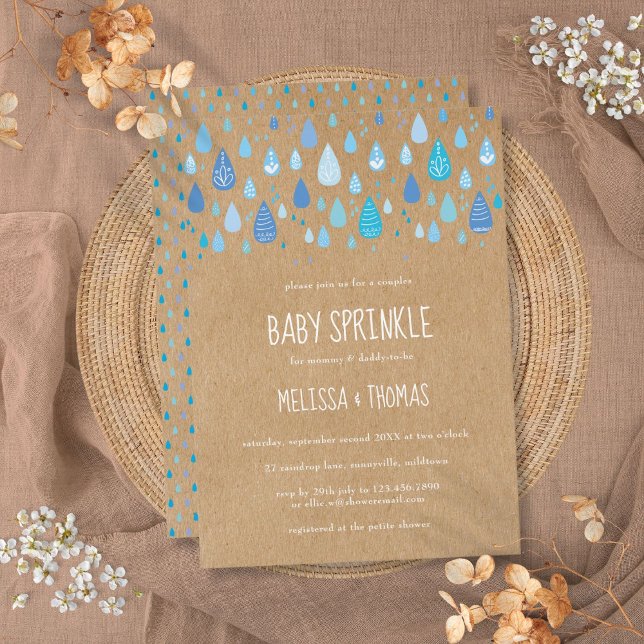 Convite Gotas de Chuva Azuis Fofas para Chá de Bebê Casal (Cute Blue Raindrops Couples Baby Shower Sprinkle Invitation)