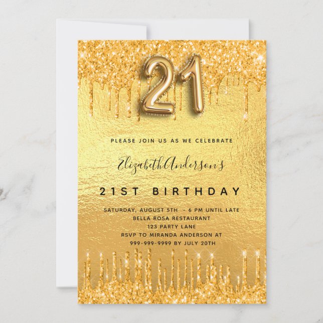 Convite gotas de ouro de aniversário de 21 anos (Frente)