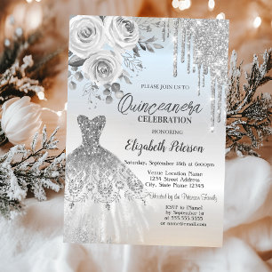 Convite Gotas de Prata, Rosas de Vestido Prata Quinceanera