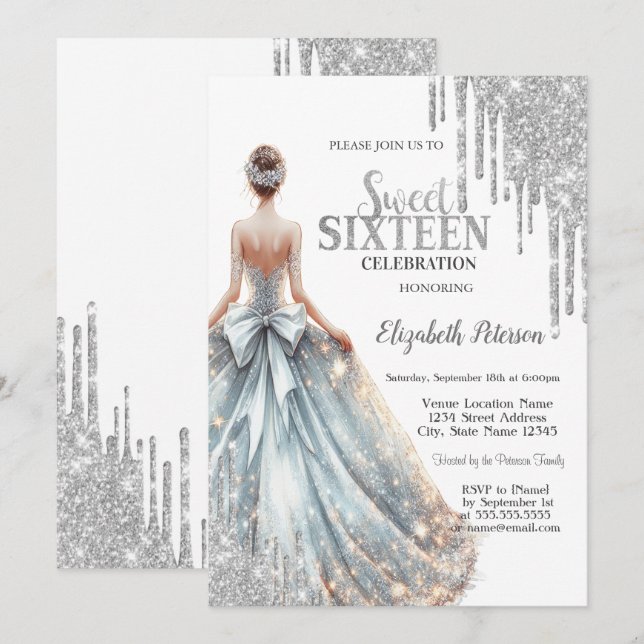 Convite Gotas legal De Lente De Prata, Doce De Garota 16 (Frente/Verso)