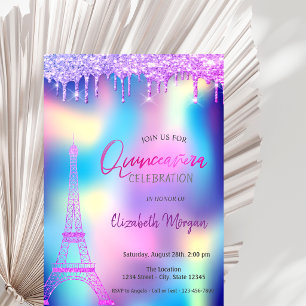 Convite Gotas Violetas Torre Eiffel Quinceanera Holográfic