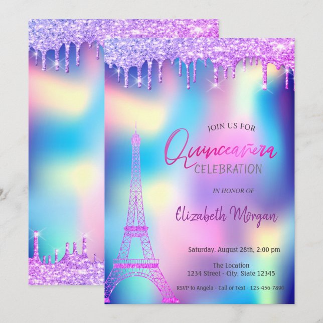 Convite Gotas Violetas Torre Eiffel Quinceanera Holográfic (Frente/Verso)