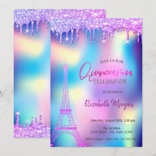 Convite Gotas Violetas Torre Eiffel Quinceanera Holográfic