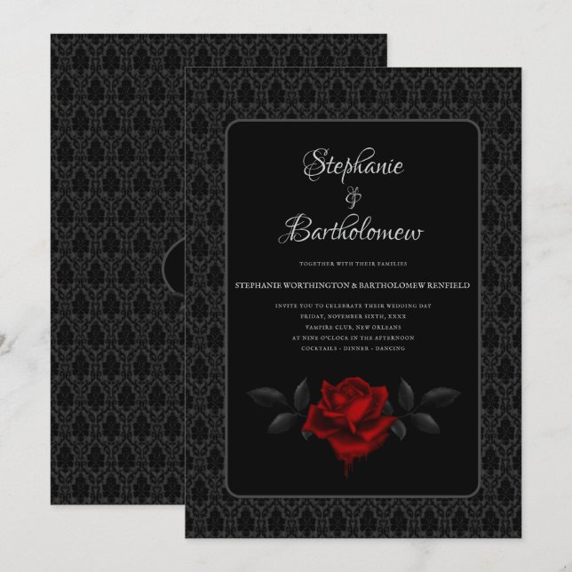 Convite Gothic Black Damask Rose Wedding (Frente/Verso)