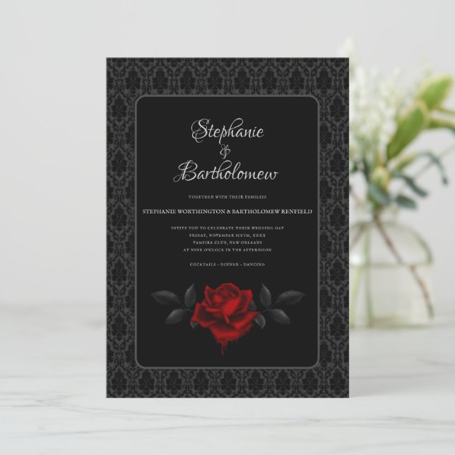 Convite Gothic Black Damask Rose Wedding (Em pé/Frente)